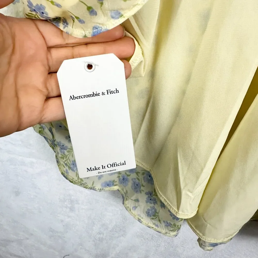Abercrombie Fitch Ruffle Strap High Low Maxi Dress Size Medium NWT Floral Yellow - Picture 11 of 12